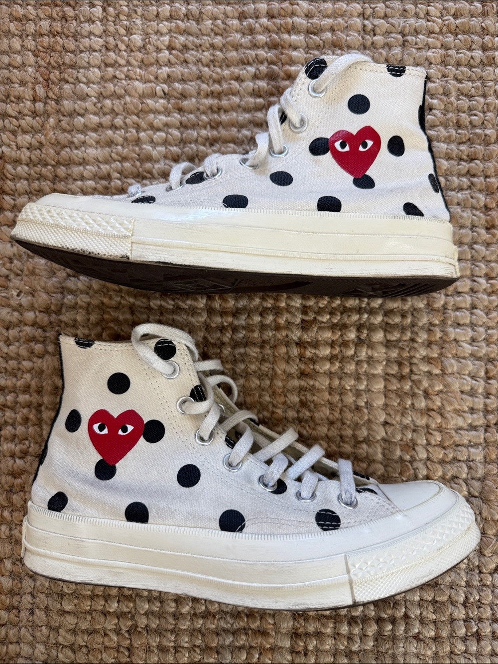 Converse White Canvas High-Top Sneakers with Black Polka Dots and Red Heart